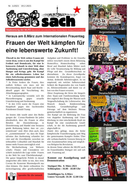 "Tatsach" 1/2021 - Stadtzeitung der MLPD Stuttgart/Sindelfingen